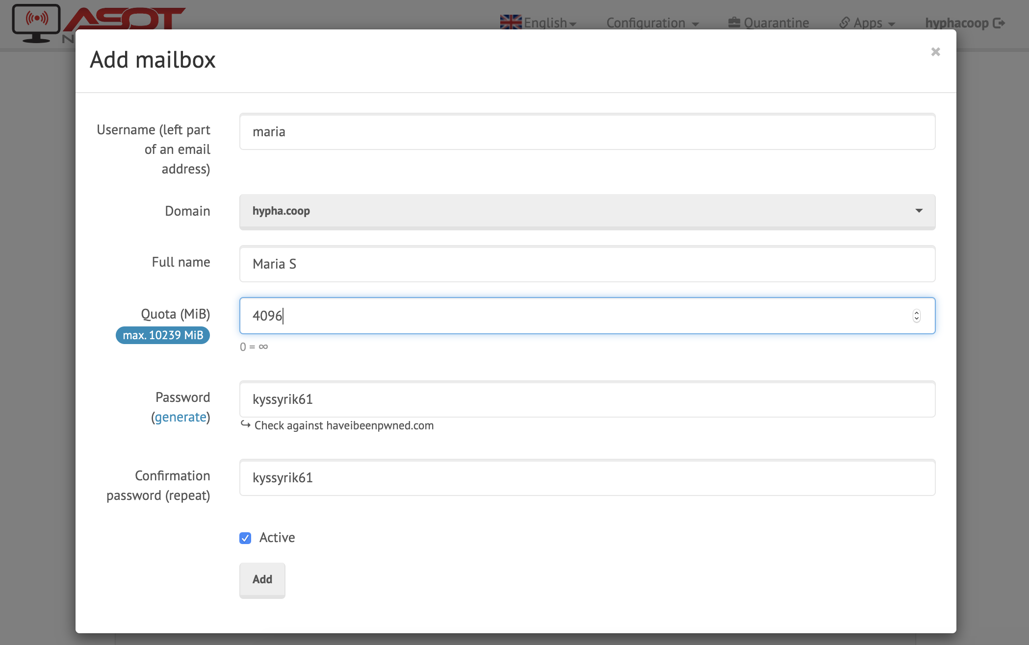 Screenshot of Mailcow mailbox creation popup